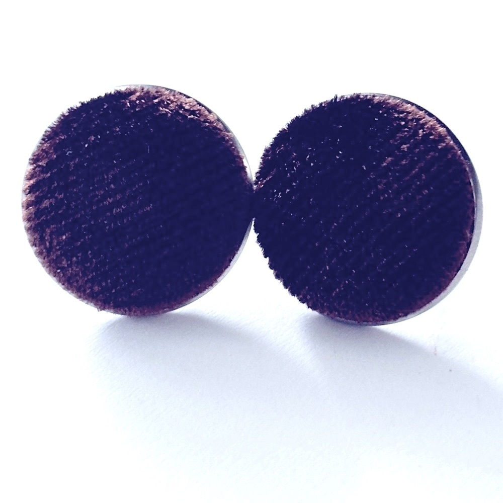Chocolate Brown Velvet Fabric Button Stainless Steel Earrings, NWT, Handmade